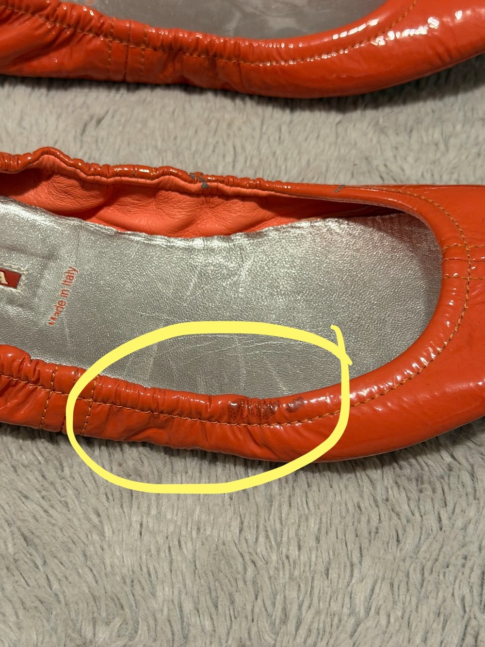 Prada Ballet Flats Womens 36.5 US 6.5 Orange Patent Leather Scrunch Slip Ons - Picture 11 of 13